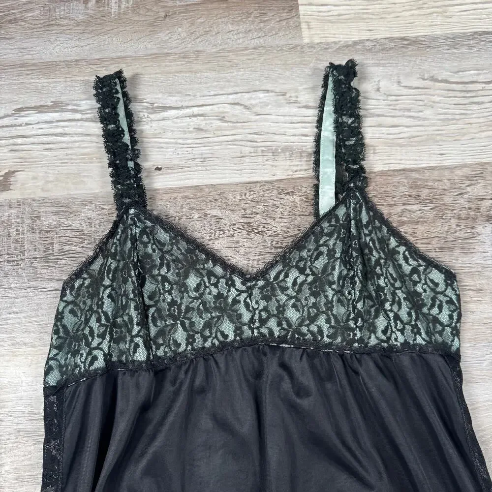 Vintage Black Sheer Lace Lingerie Slip Maxi Slit Soft Grunge Coquette Medium - Picture 2 of 7